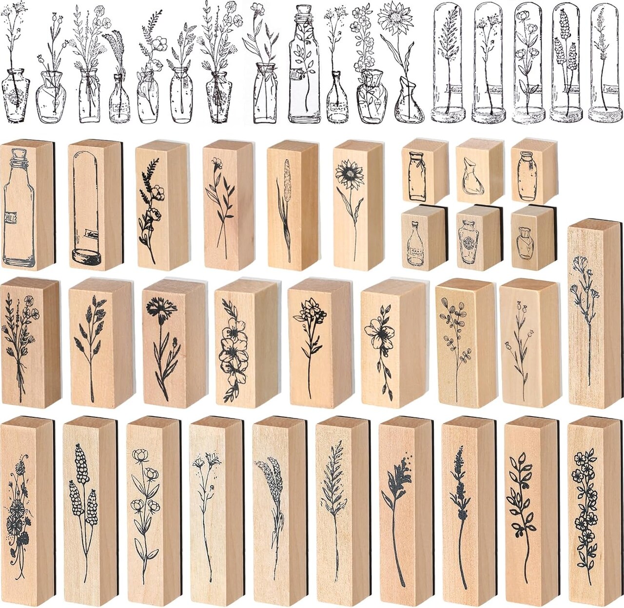 31 Pieces Vintage Wooden Rubber Stamps Flower Plant Decorative Cute Wood Mounted Stamps Set